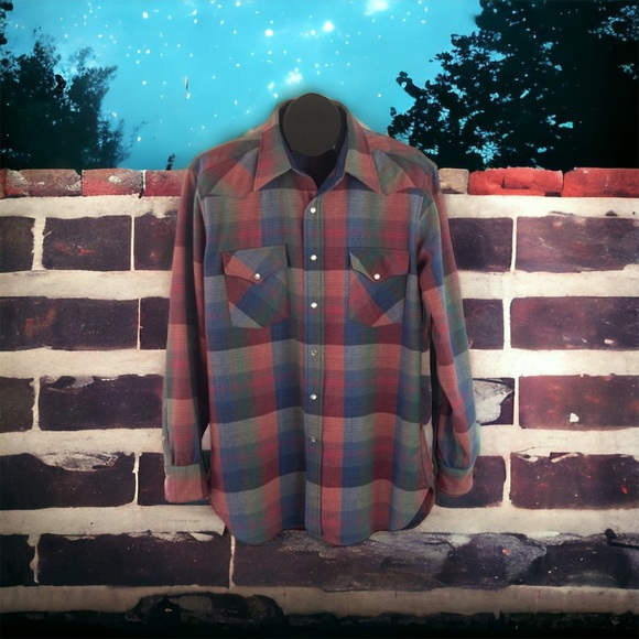 Vintage USA Pendleton Plaid Virgin Wool Western Pearl Snap Large Long (altered) - Picture 4 of 13